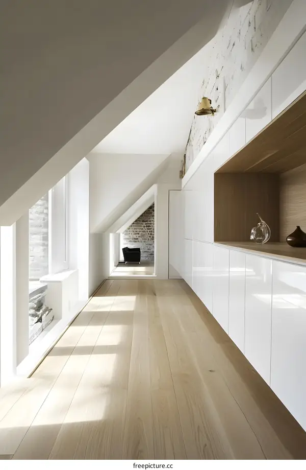 Modern White Kitchen Cabinetry and Hardwood Floors in an Attic Conversion