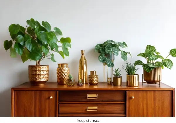 Gold Decorated Plants on Wooden Buffet