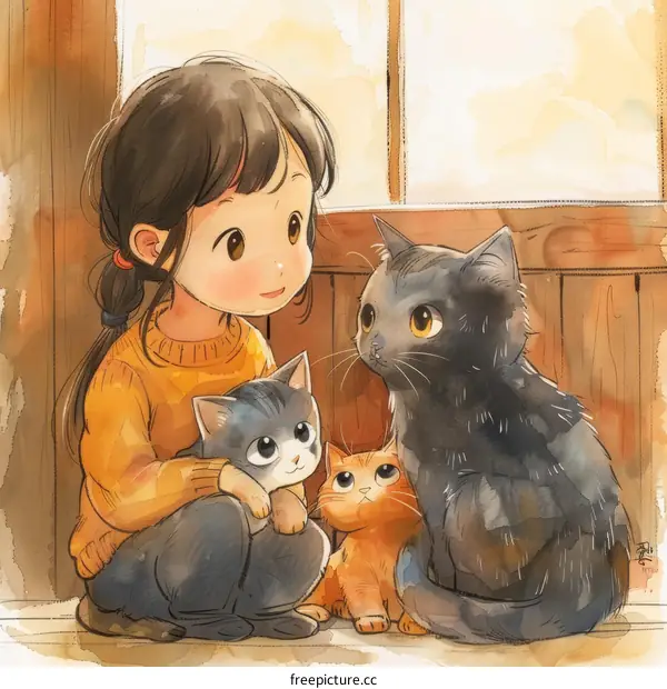 A girl and three cats sitting on the floor