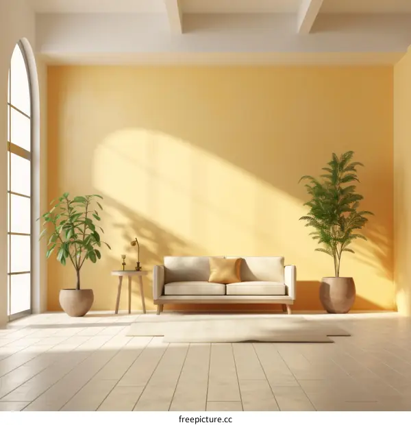 A bright and airy living room with a large arched window, a sofa, and two potted plants