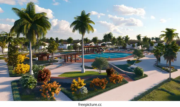 Tropical Resort with Swimming Pool and Palm Trees