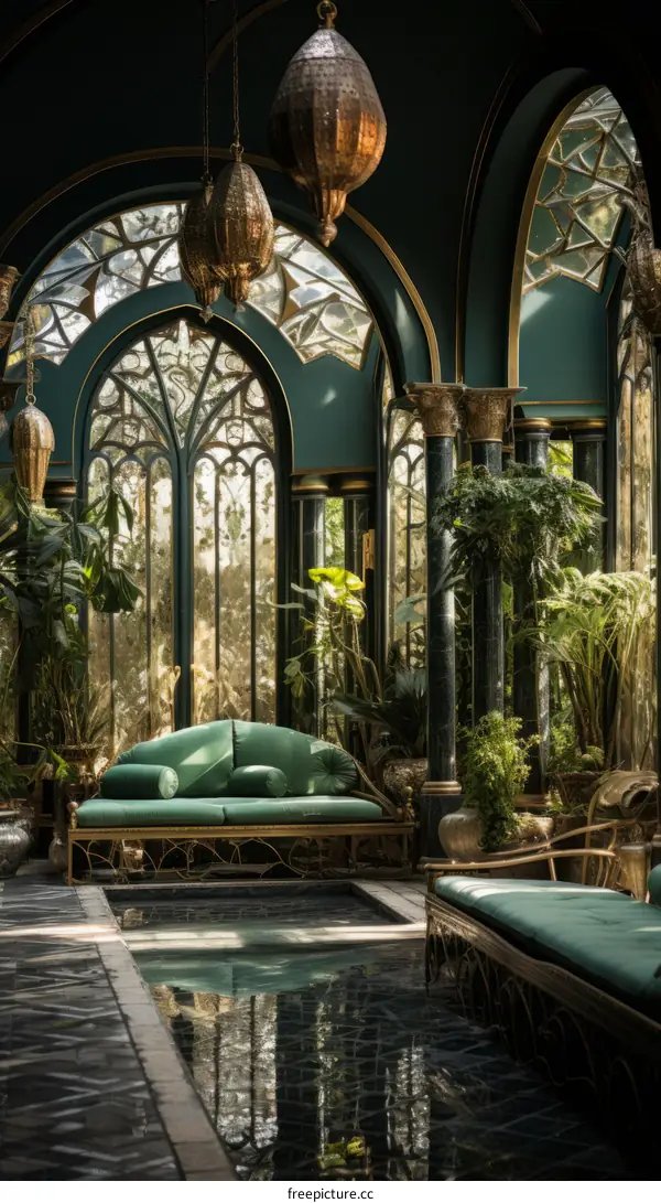 A beautiful indoor garden with a green sofa and a pool