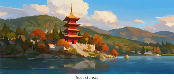 A Traditional Red Pagoda by a Serene Lake with Colorful Trees