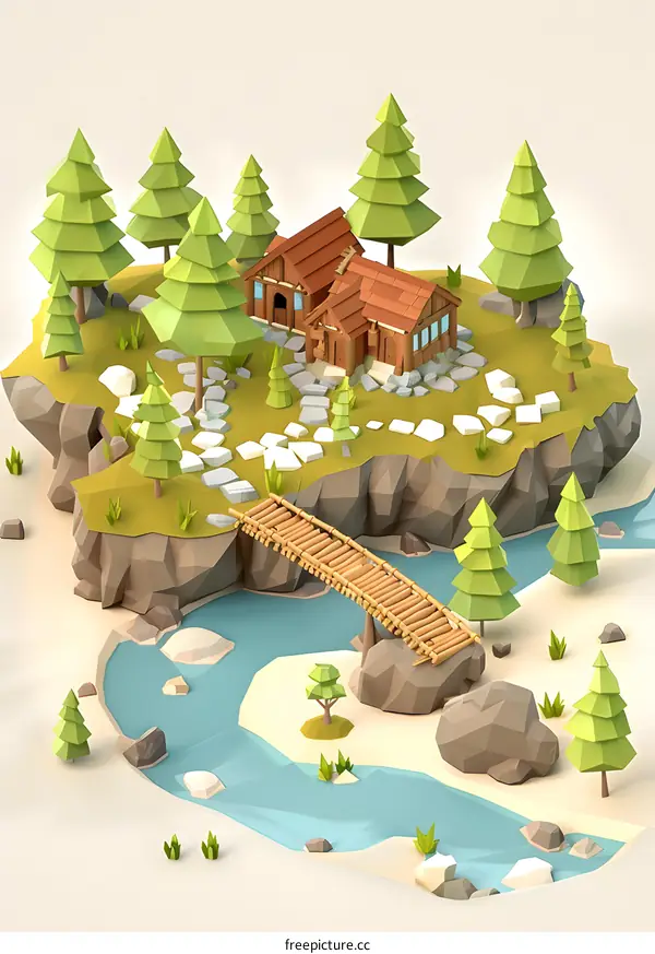 Low Poly Forest House With Bridge and River