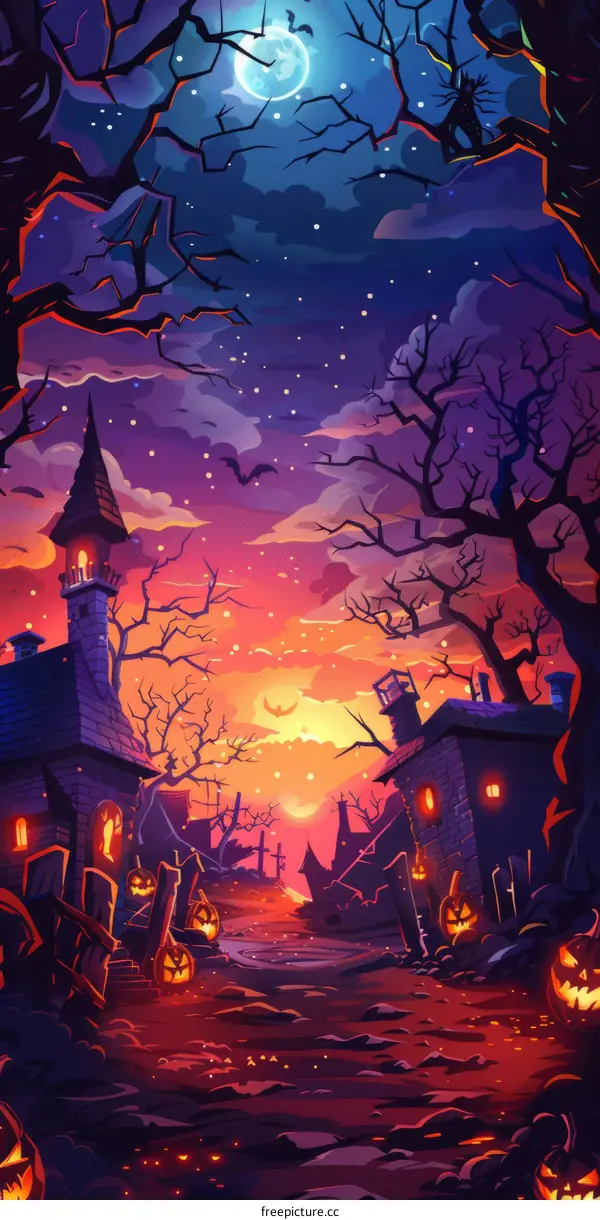 Spooky Halloween Village Illustration with Jack-o'-Lanterns