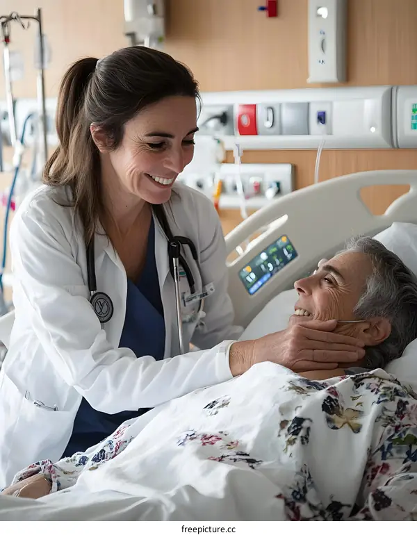 Doctor Smiling at Patient in Hospital Bed