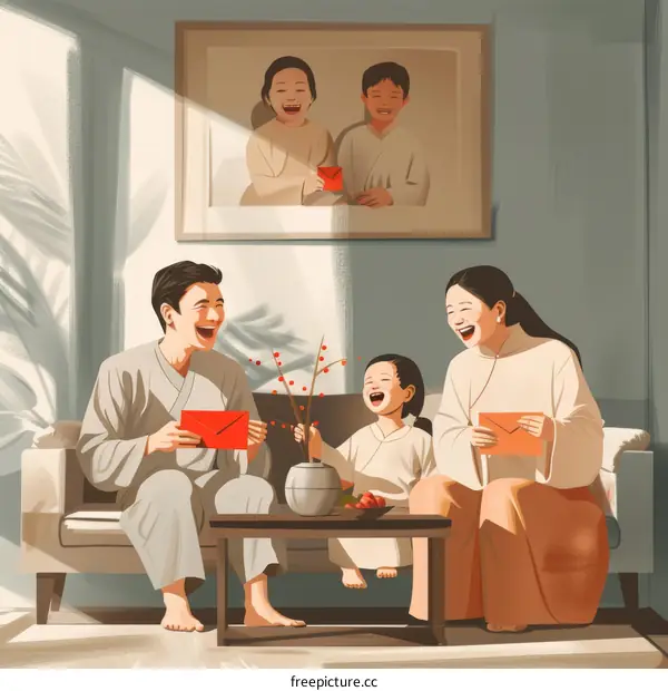 A happy family of three is celebrating the Spring Festival