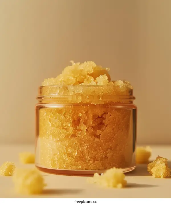 Close-up of a jar of yellow body scrub