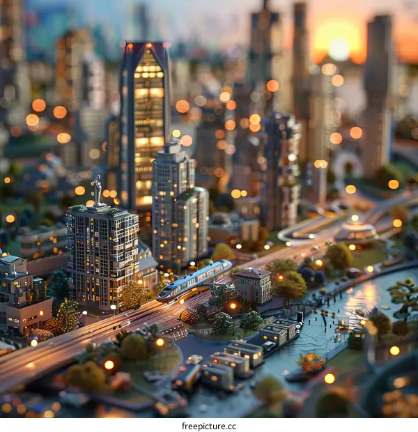 Miniature Cityscape at Twilight with People