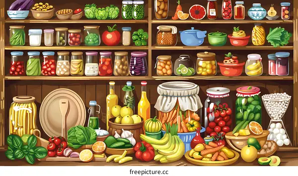 Colorful Illustration Of Preserved Food In Jars On Wooden Shelves