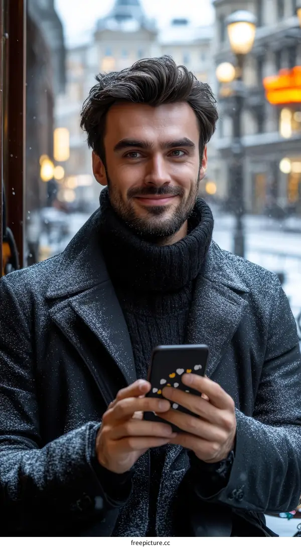 Smiling Man Using Smartphone in Winter City