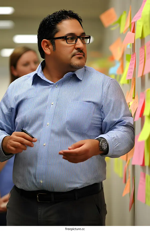 Man in Striped Shirt Looking at Notes on Wall