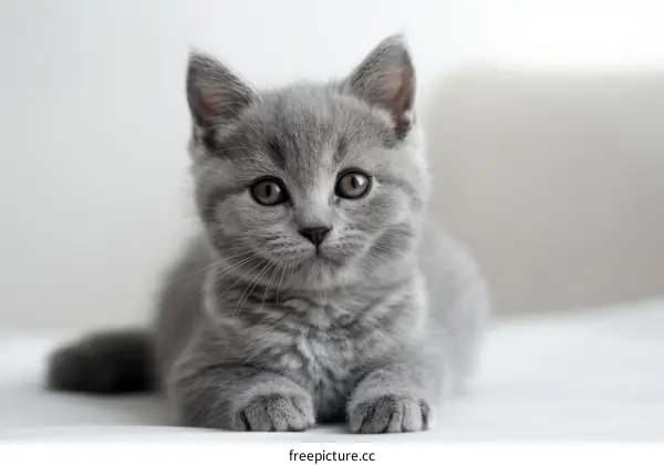 A cute gray kitten is sitting on a white background