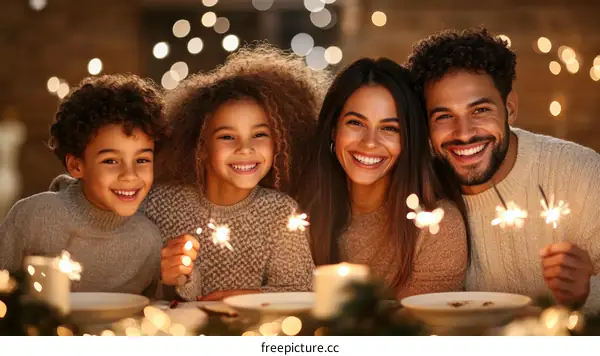 Family Celebrating Holiday Dinner with Sparkler