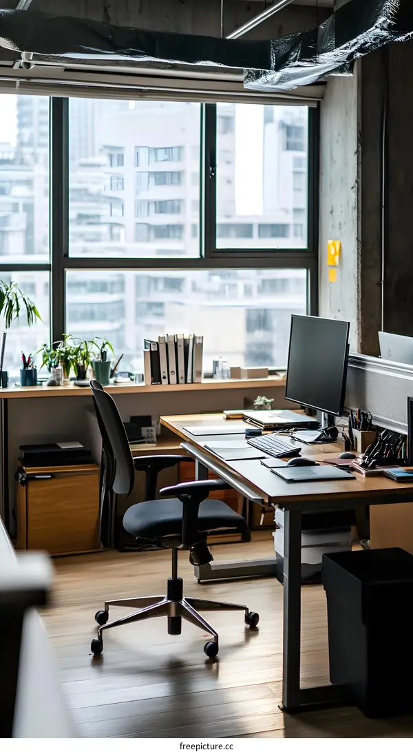 Modern Office Workspace with Large Windows and Desk