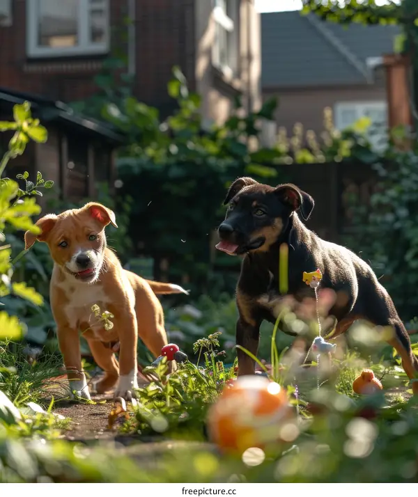 Two adorable puppies playing in the garden