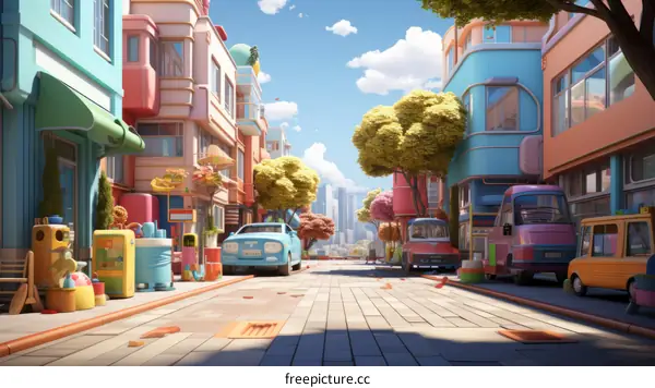 A colorful 3D rendering of a city street with cartoon-like buildings and vehicles.
