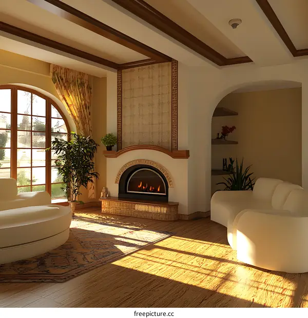 Modern Living Room with Fireplace and Wooden Beams