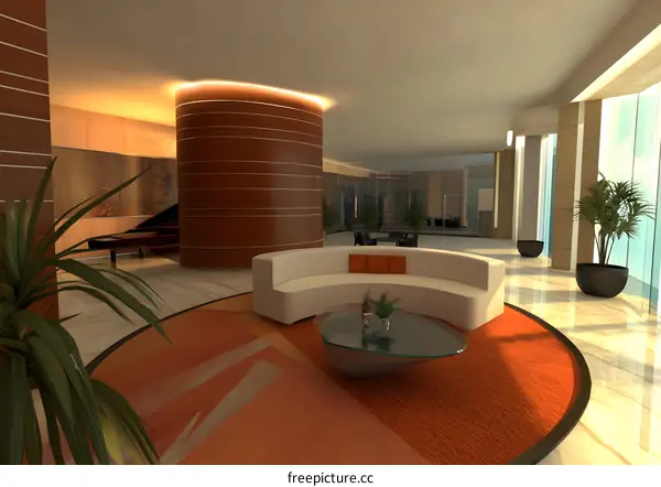 Modern Hotel Lobby Design with Curved Walls and Sofa