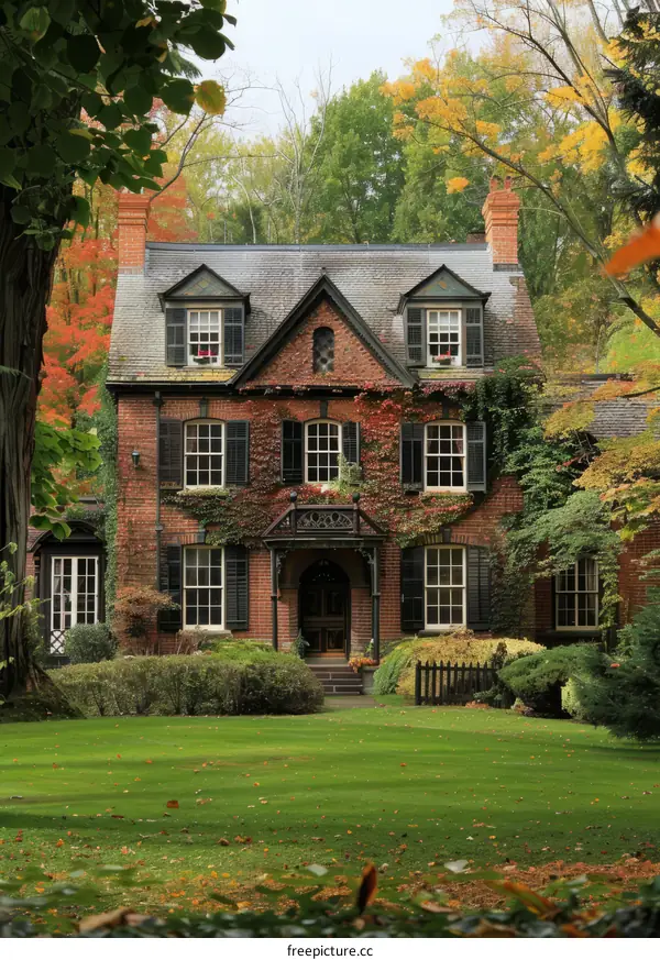 Tudor Revival House Surrounded by Autumn Trees