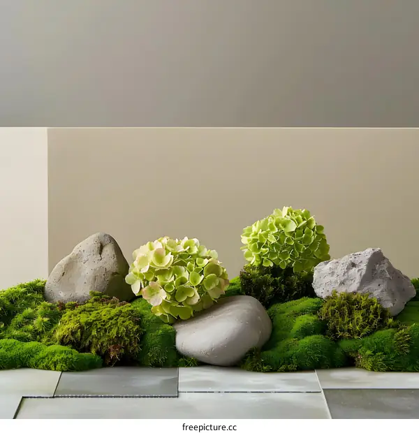 Green Moss and Stone Arrangement with Flowers