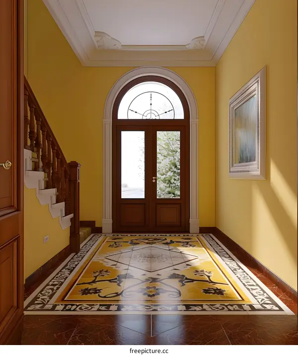 Elegant Foyer with Arched Doorway and Tile Floor