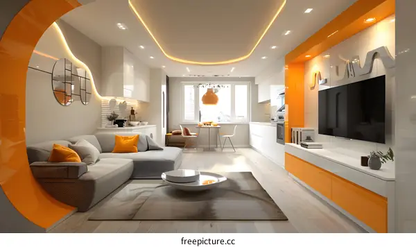 An illustration of a modern living room with a curved orange wall and white furniture