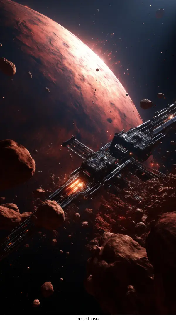 The spaceship is flying in the asteroid belt