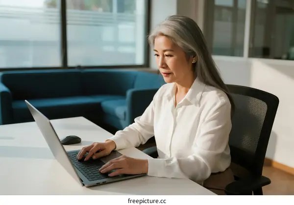 Mature Asian Woman Typing on Laptop in Modern Office