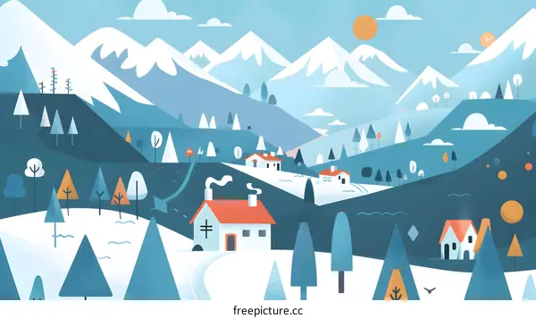Winter Mountain Village Illustration