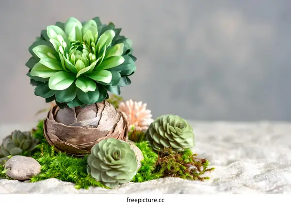 Artificial Green Flower Plant on Moss and Stone