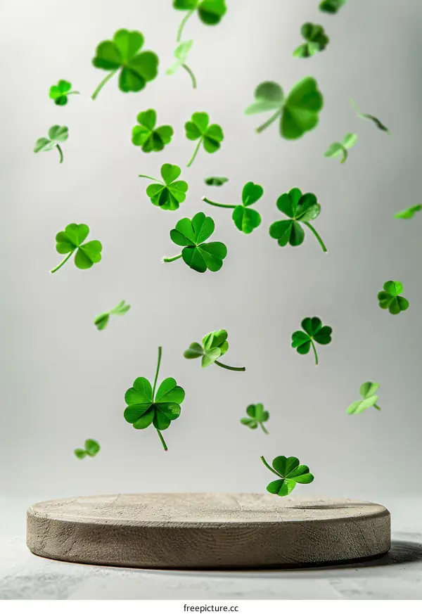 Green four-leaf clovers falling on a podium against a white background. 3D rendering.
