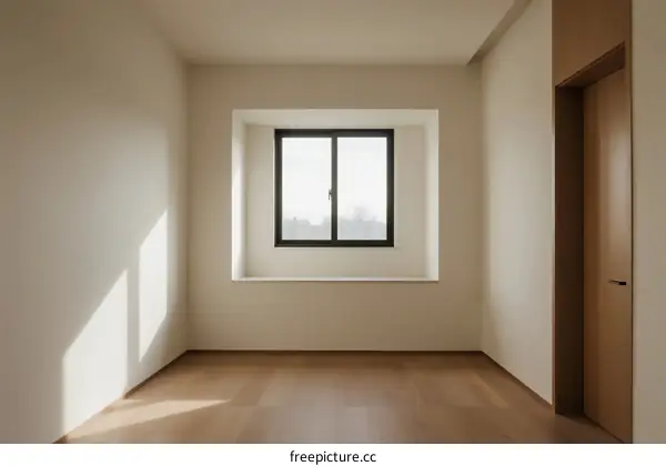 Empty room with large window and wooden floor for simple living