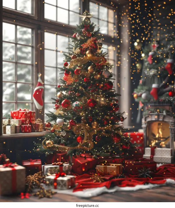 Christmas Tree Decorated with Ornaments and Gifts Underneath