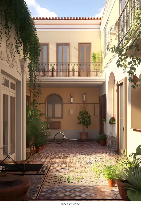 Vintage Patio with Balcony and Plants