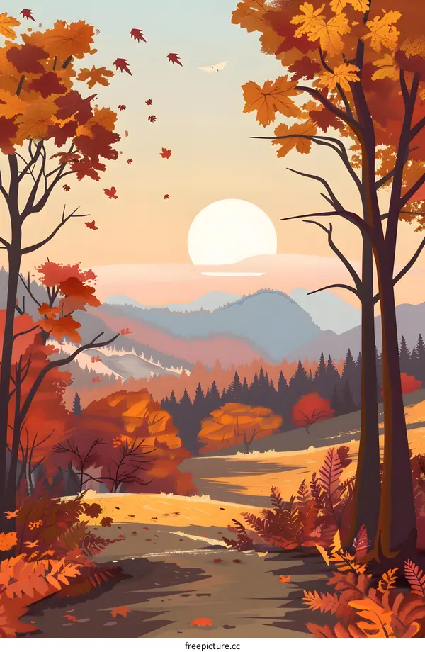 Autumn Landscape With Falling Leaves