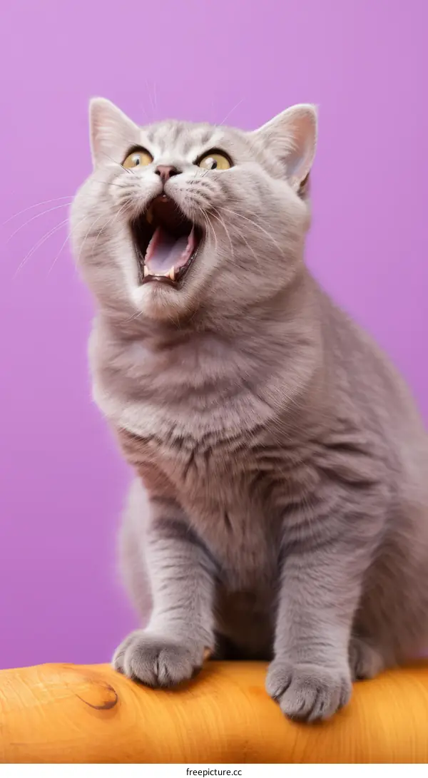 A gray cat is sitting on a wooden table and yelling