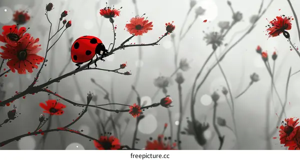 Red Ladybug on a Branch with Red Flowers