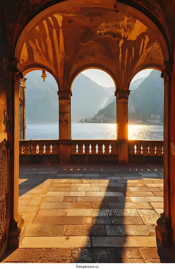 Arched Terrace Overlooking Lake and Mountains