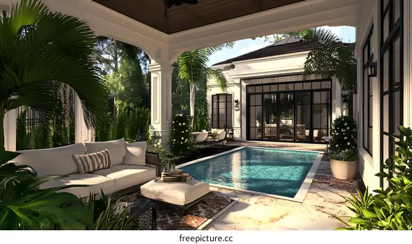 Luxury Backyard Pool with White Couch and Palm Trees