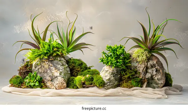 Green Plants on Rocks With Moss and Fabric