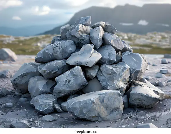 A pile of rocks in the middle of a rocky field with mountains in the distance