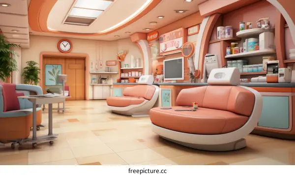 The interior of a futuristic hospital