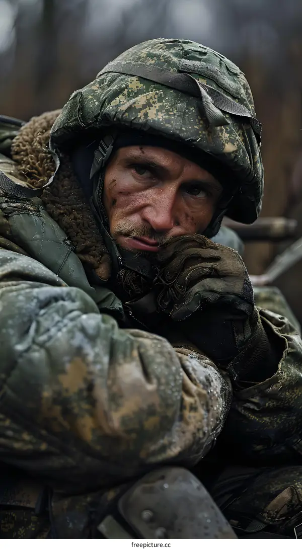 Portrait of a Russian soldier in the forest