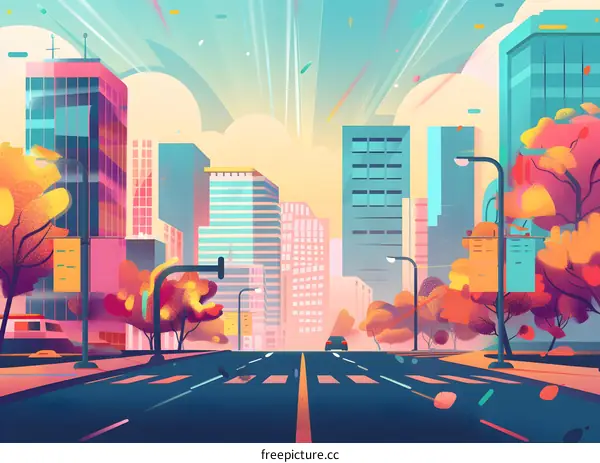 Cityscape Illustration with Colorful Buildings and Trees