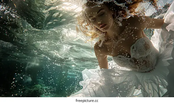 An underwater photo of a woman in a white wedding dress