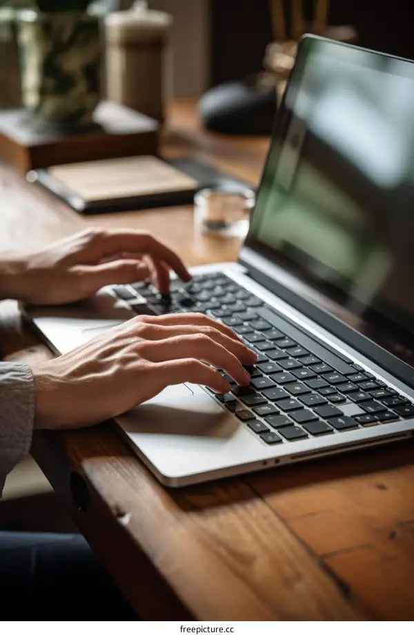 A person is typing on a laptop keyboard