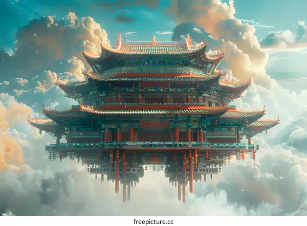 An illustration of a Chinese palace floating in the sky