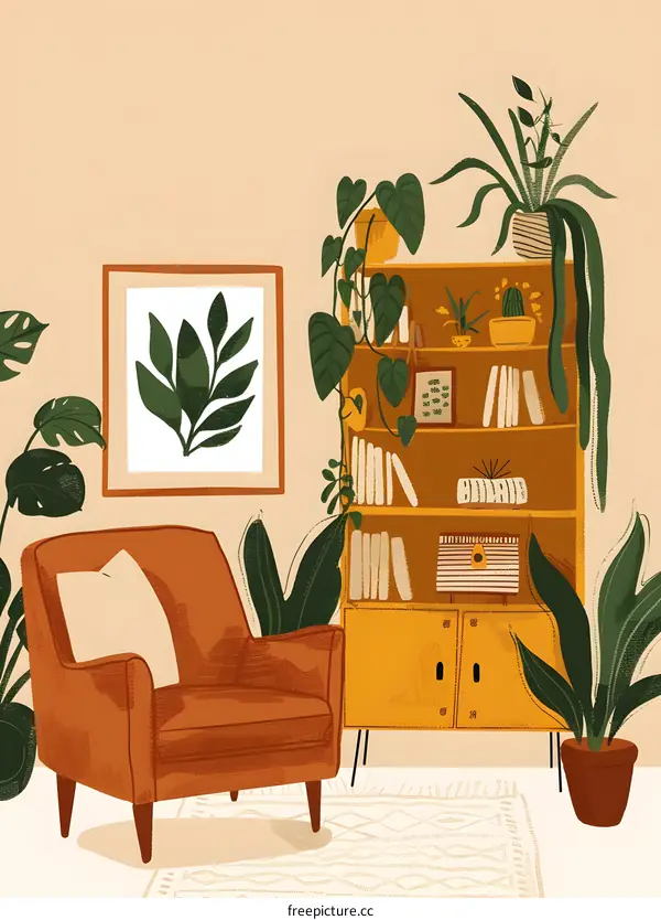 Cozy Living Room Interior Design With Bookshelf and Plants