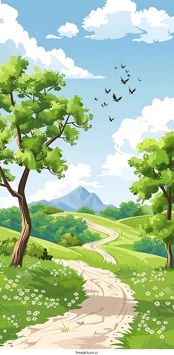 Green Landscape with Winding Path and Flying Birds